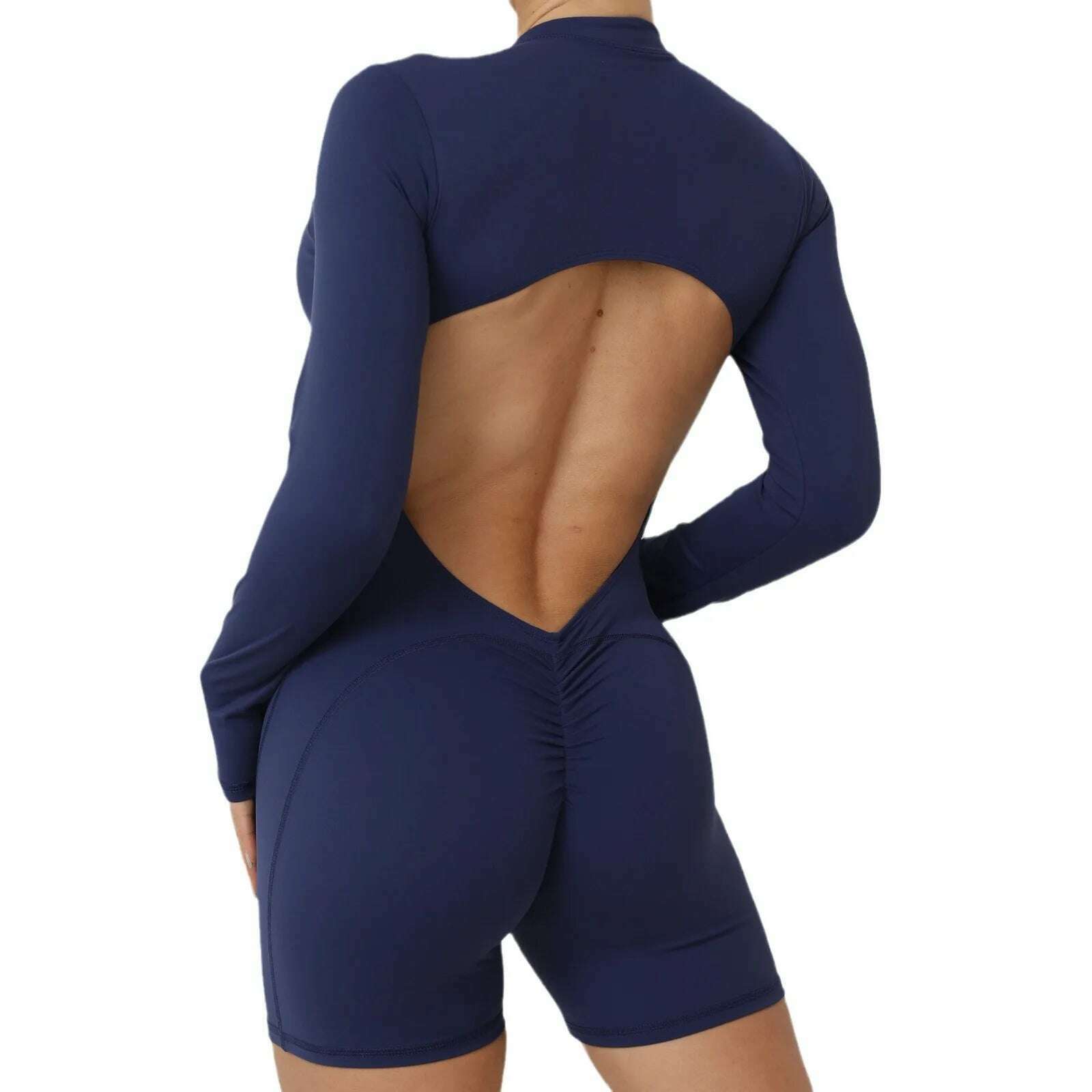 KIMLUD, Halter Bodysuits Long Sleeved Jumpsuit Women Sport One Pieces Shorts Set Sexy Fitness Overalls Yoga Workout Sportswear Woman Gym, KIMLUD Womens Clothes