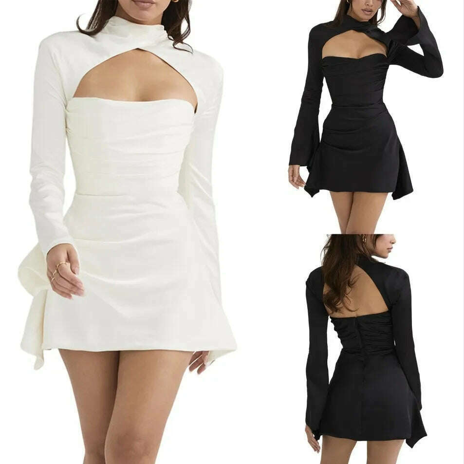 KIMLUD, Halter Neck Evening Dress Sexy Backless Low Cut Flared Sleeve Package Hip Slim Mini Party Dresses For Women Vestidos Streetwear, KIMLUD Womens Clothes