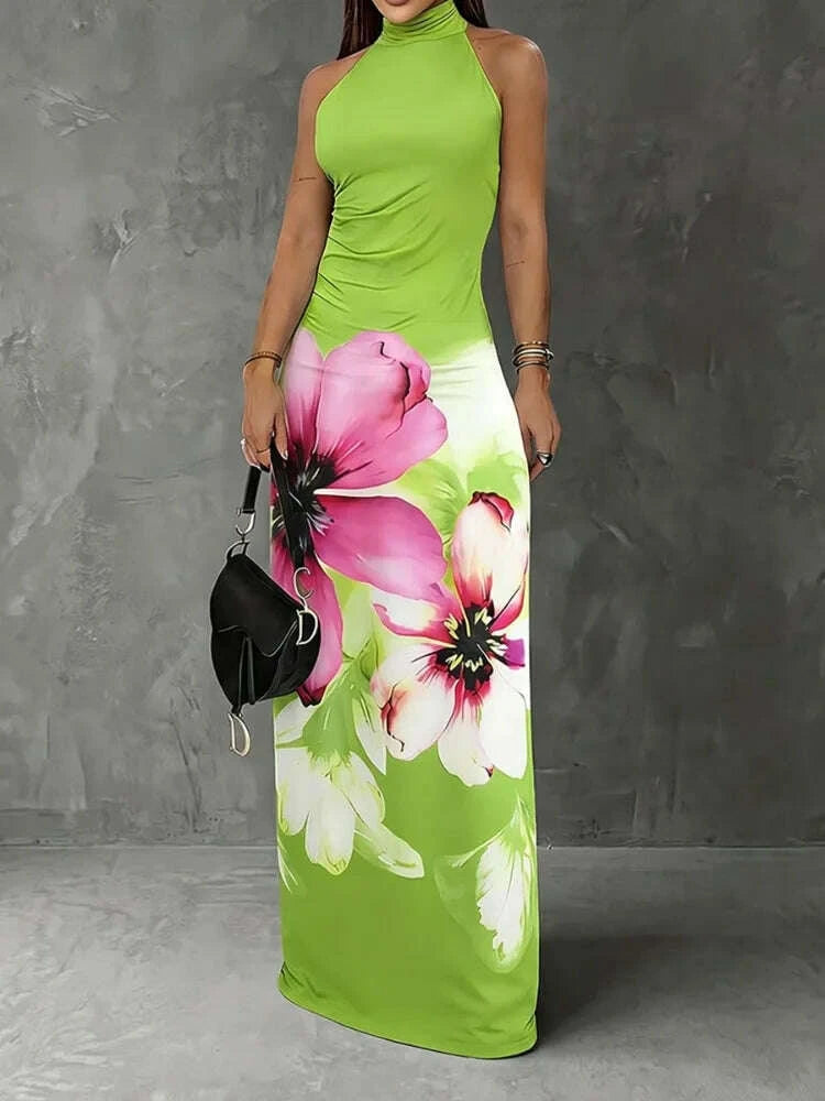 Halter Neck Maxi Dress - Floral Printed - Polyester | KIMLUD