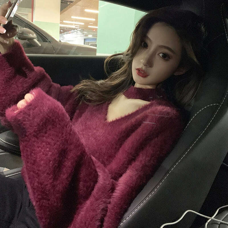 KIMLUD, Halter V-Neck Loose Knitted Sweater Women Mink Cashmere Jumpers Oversized Elastic Casual Pullovers Lantern Sleeve Vintage X470, Burgundy / One Size, KIMLUD APPAREL - Womens Clothes