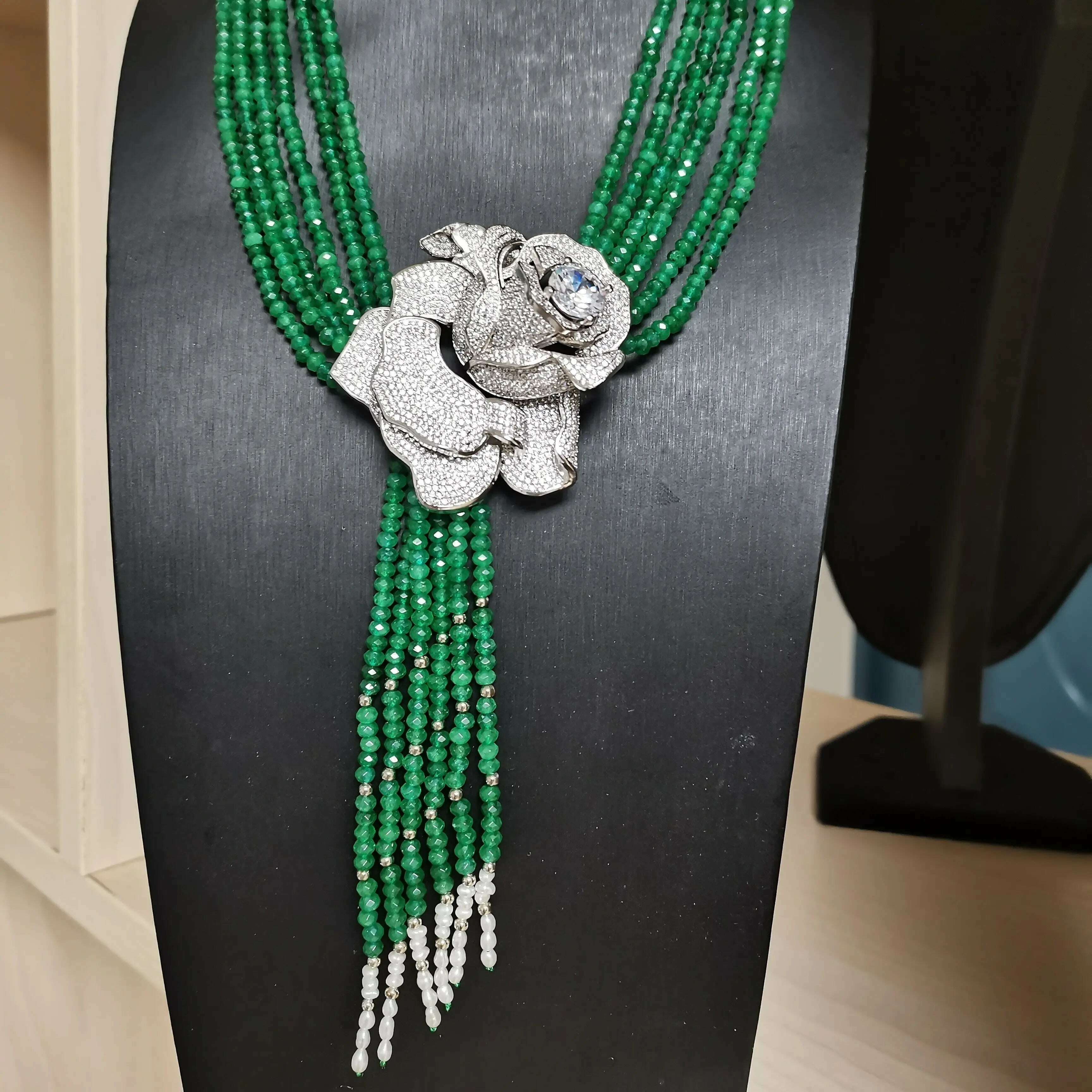 KIMLUD, Hand knotted natural purple green stone Rose flower clasp DIY accessory clavicle chain women short multi - layer necklace, KIMLUD Women's Clothes