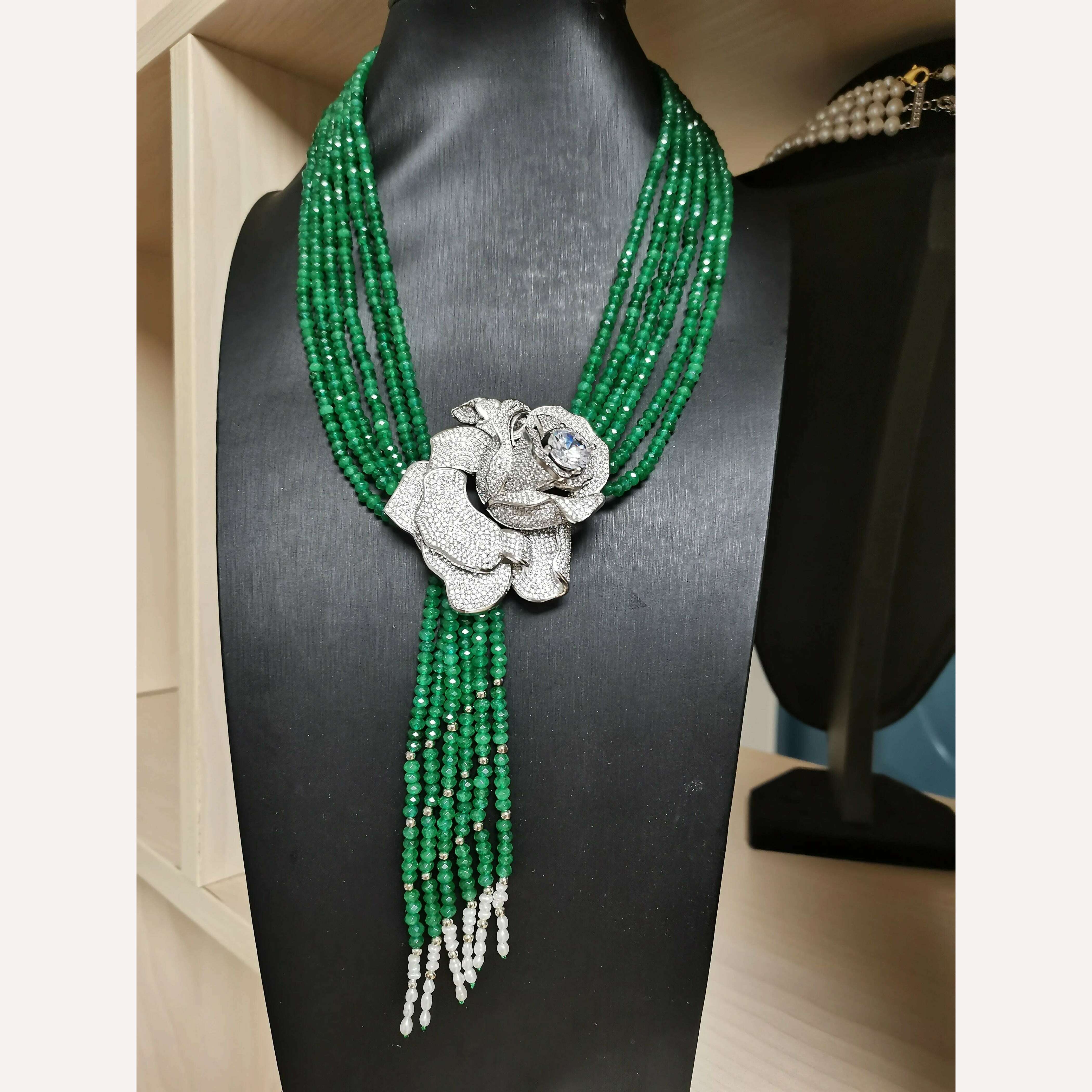 KIMLUD, Hand knotted natural purple green stone Rose flower clasp DIY accessory clavicle chain women short multi - layer necklace, KIMLUD Women's Clothes