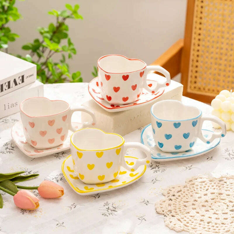 Hand Painted Love Mug Creative Heart Handle Water Cup Ceramic Milk Cup Lovely Handmade Coffee Cup Breakfast Cup Gift - KIMLUD