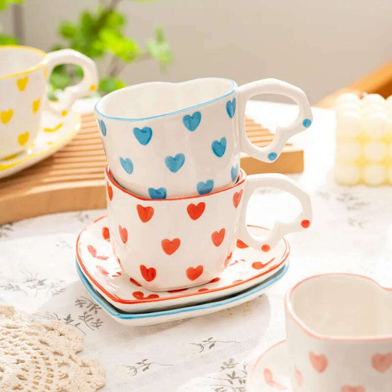 Hand Painted Love Mug Creative Heart Handle Water Cup Ceramic Milk Cup Lovely Handmade Coffee Cup Breakfast Cup Gift, KIMLUD Women's Clothes
