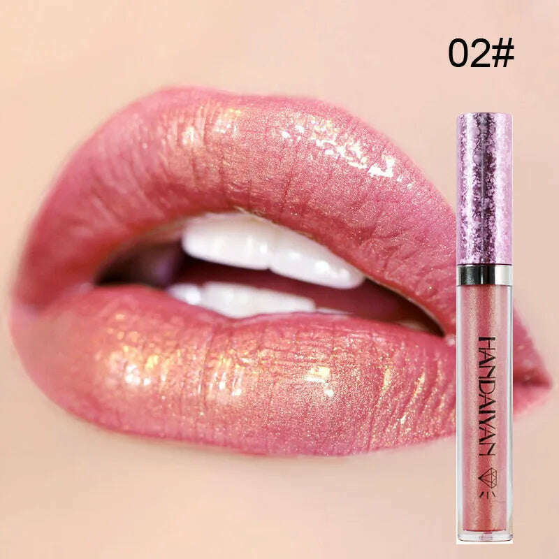 KIMLUD, HANDAIYAN Metallic Glitter Matte Liquid Lipstick Lips Makeup Mate Shine Lip Gloss Women Cosmetics Waterproof Lipgloss Cream Tint, 02, KIMLUD Womens Clothes