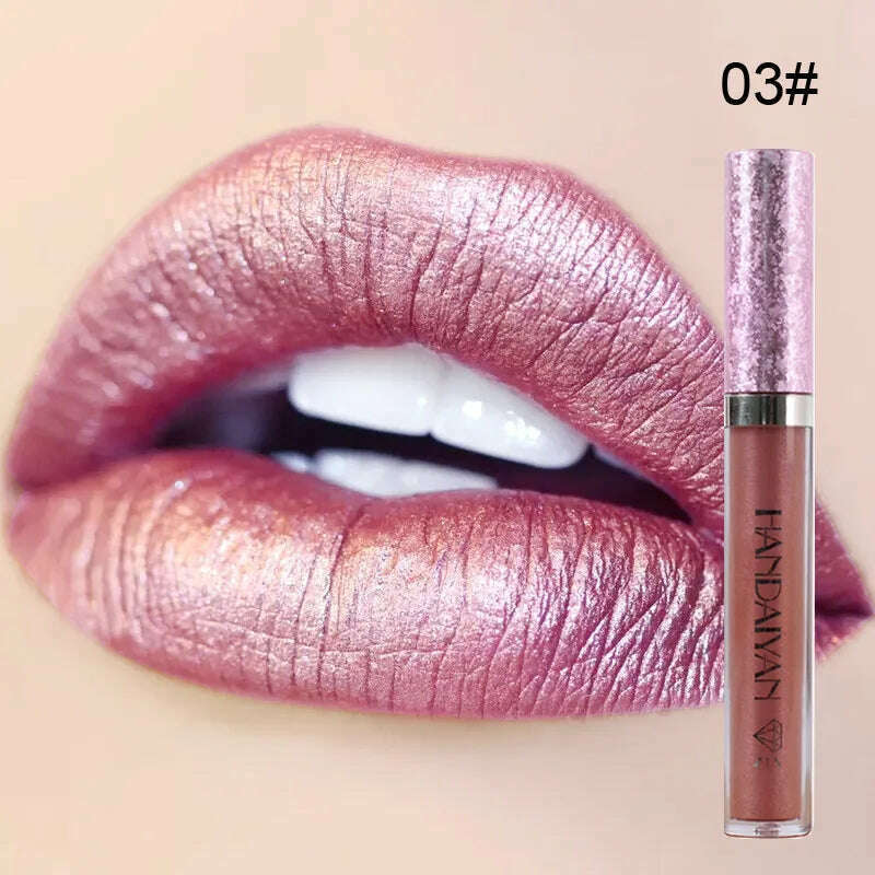 KIMLUD, HANDAIYAN Metallic Glitter Matte Liquid Lipstick Lips Makeup Mate Shine Lip Gloss Women Cosmetics Waterproof Lipgloss Cream Tint, 03, KIMLUD Womens Clothes