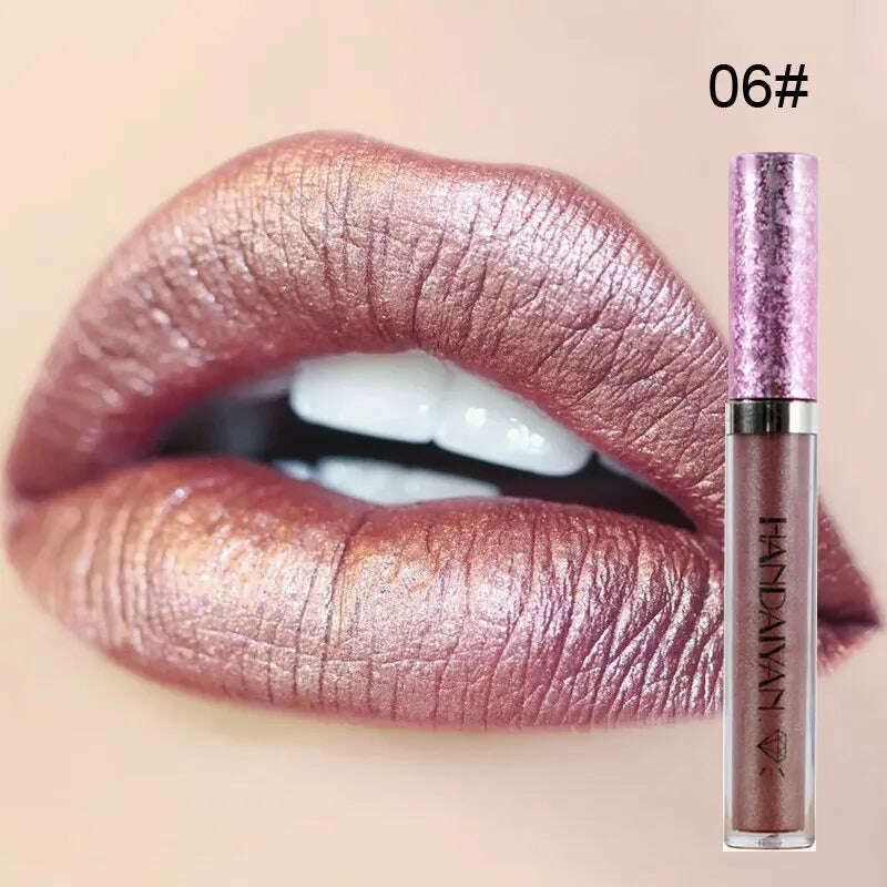 KIMLUD, HANDAIYAN Metallic Glitter Matte Liquid Lipstick Lips Makeup Mate Shine Lip Gloss Women Cosmetics Waterproof Lipgloss Cream Tint, 06, KIMLUD Womens Clothes