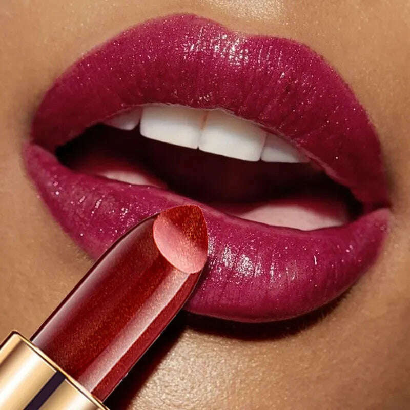 Handaiyan Waterproof Nude Glitter Lipstick Makeup Long Lasting Velve Red Sexy Shimmer Lip Stick Shiny Lipstick Makeup Cosmetics - KIMLUD