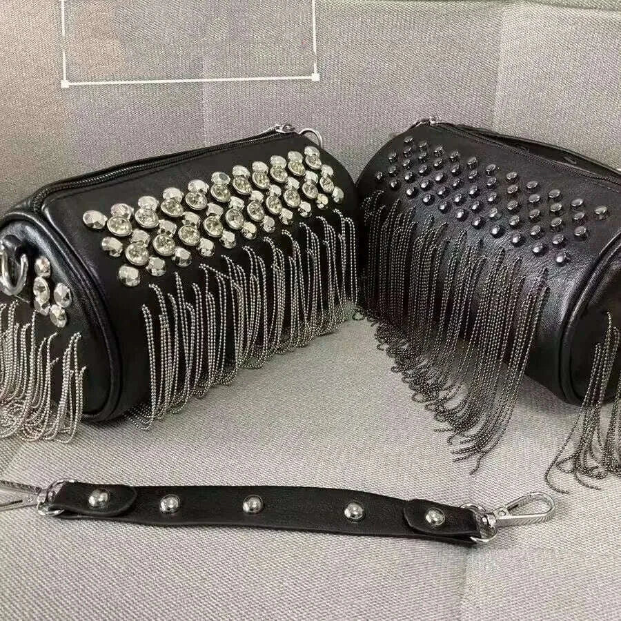 Handbag Mini Tassel Rivet Bucket Bag - Black | KIMLUD