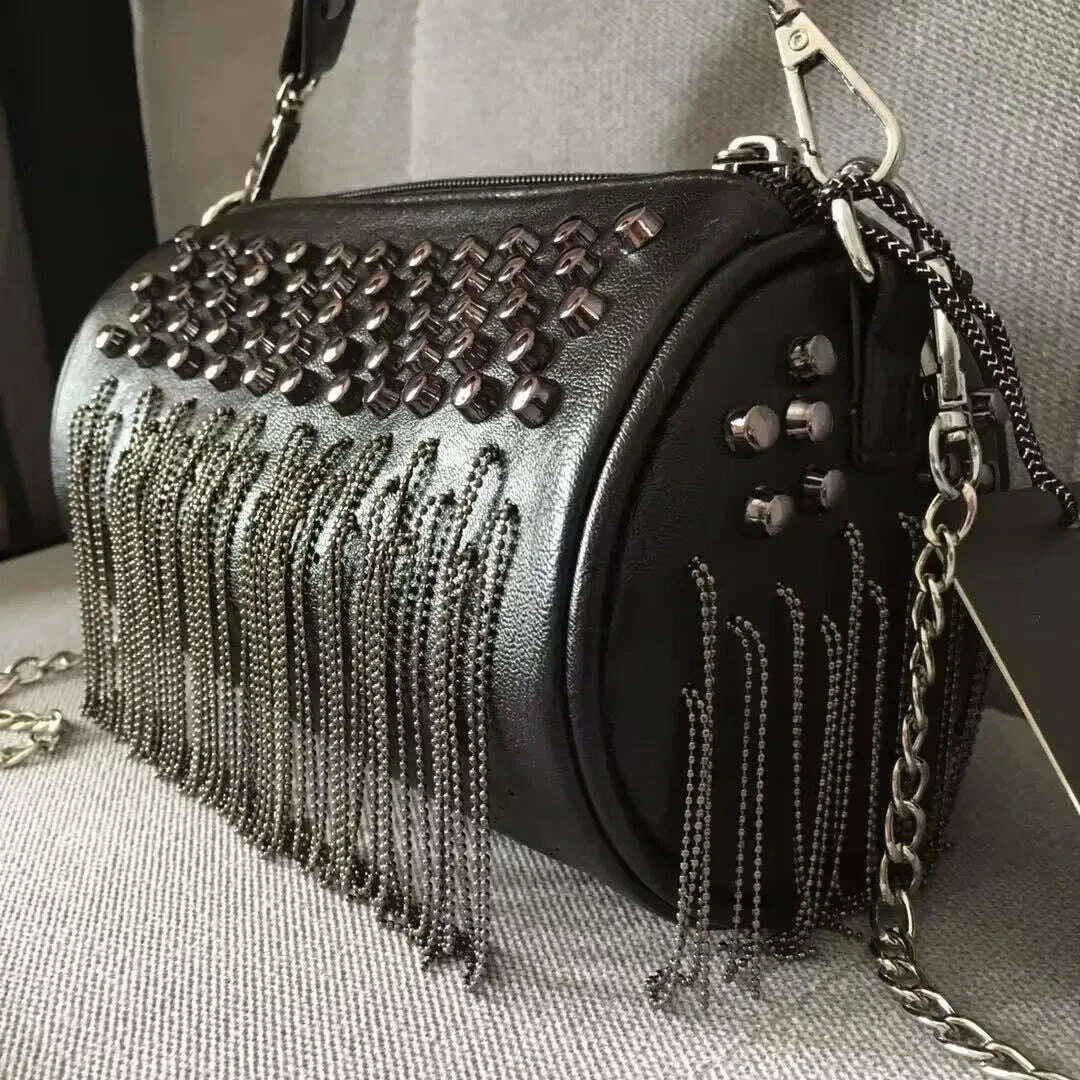 Handbag Mini Tassel Rivet Bucket Bag - Black | KIMLUD
