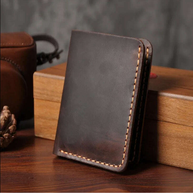 KIMLUD, Handmade Vintage Crazy horse Genuine Leather Men Wallet Men Purse Leather Short Card Wallet for Male Money Clips Money bag, KIMLUD Womens Clothes