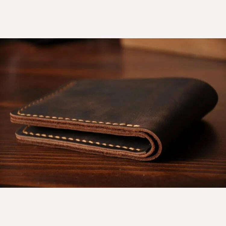 Handmade Vintage Crazy horse Genuine Leather Men Wallet Men Purse Leather Short Card Wallet for Male Money Clips Money bag - KIMLUD