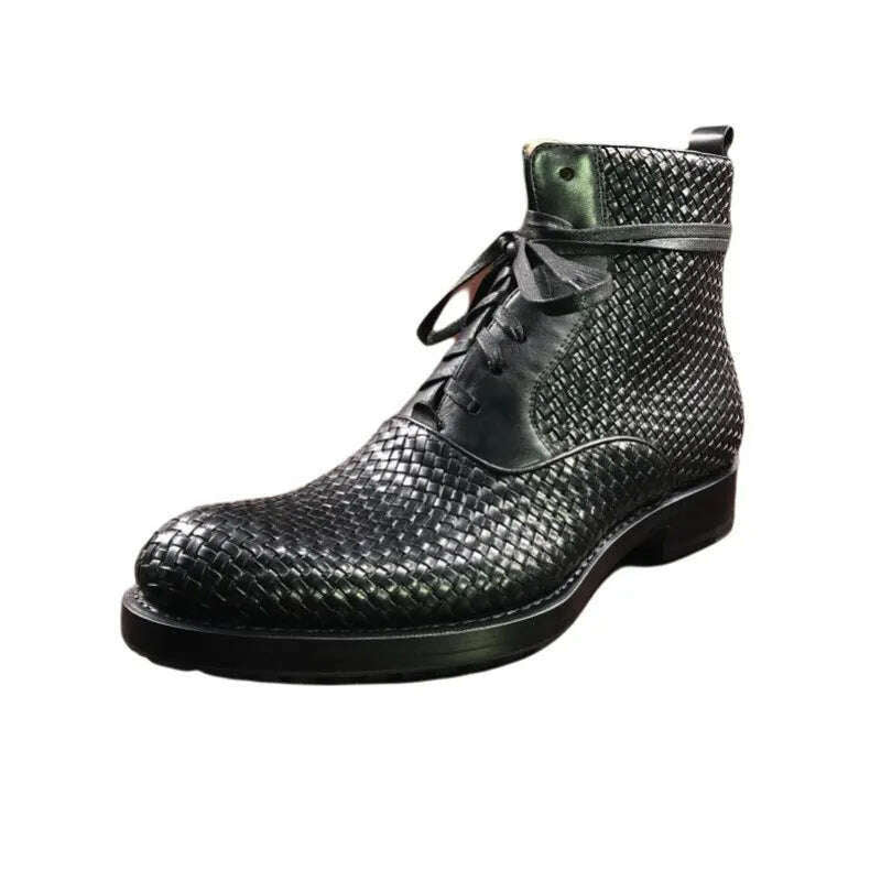 Handmade Weave Cowhide Cowboy Boots Men Vintage Genuine Leather Pointed Toe Motorcycle Bikers Boots Mens Shoes Large Size 37-45 - KIMLUD