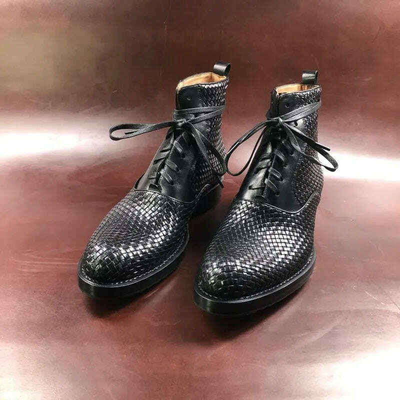 Handmade Weave Cowhide Cowboy Boots Men Vintage Genuine Leather Pointed Toe Motorcycle Bikers Boots Mens Shoes Large Size 37-45 - KIMLUD