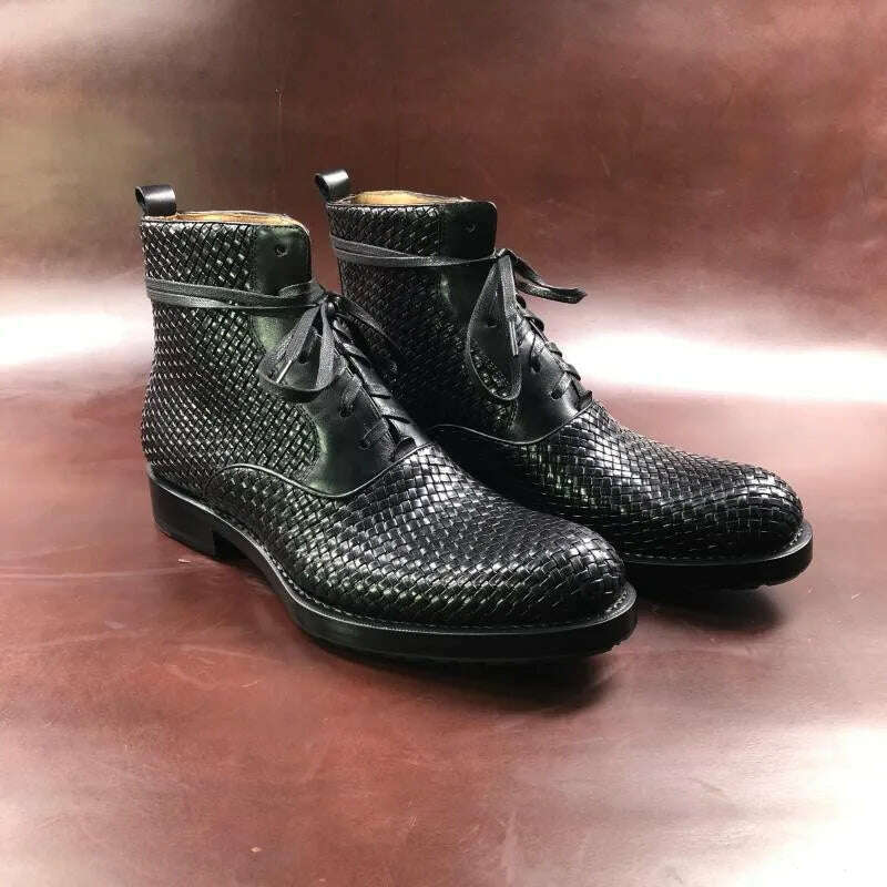 Handmade Weave Cowhide Cowboy Boots Men Vintage Genuine Leather Pointed Toe Motorcycle Bikers Boots Mens Shoes Large Size 37-45 - KIMLUD