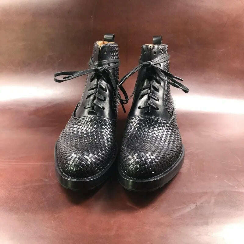 Handmade Weave Cowhide Cowboy Boots Men Vintage Genuine Leather Pointed Toe Motorcycle Bikers Boots Mens Shoes Large Size 37-45 - KIMLUD