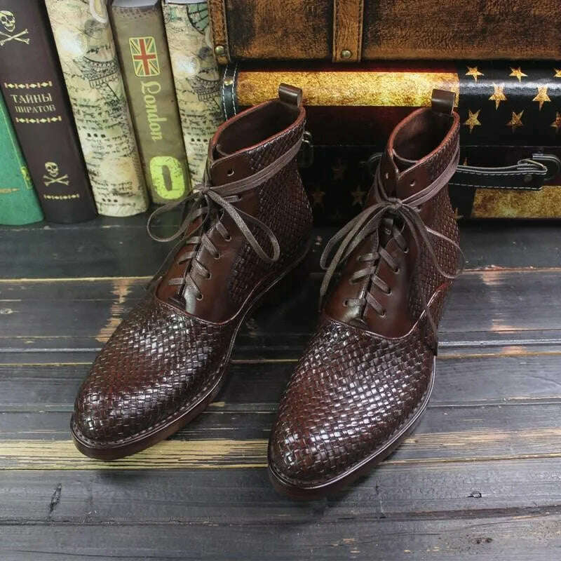 Handmade Weave Cowhide Cowboy Boots Men Vintage Genuine Leather Pointed Toe Motorcycle Bikers Boots Mens Shoes Large Size 37-45 - KIMLUD