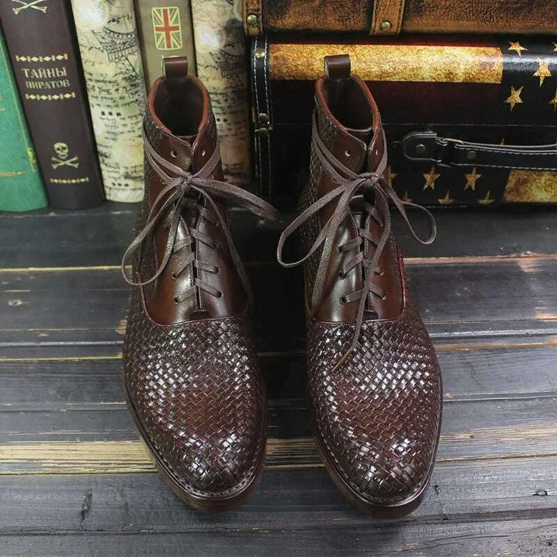 Handmade Weave Cowhide Cowboy Boots Men Vintage Genuine Leather Pointed Toe Motorcycle Bikers Boots Mens Shoes Large Size 37-45 - KIMLUD