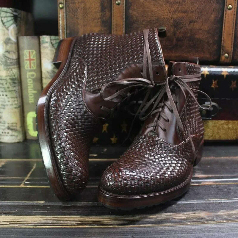 Handmade Weave Cowhide Cowboy Boots Men Vintage Genuine Leather Pointed Toe Motorcycle Bikers Boots Mens Shoes Large Size 37-45 - KIMLUD