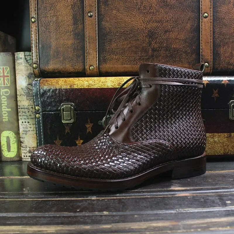 Handmade Weave Cowhide Cowboy Boots Men Vintage Genuine Leather Pointed Toe Motorcycle Bikers Boots Mens Shoes Large Size 37-45 - KIMLUD