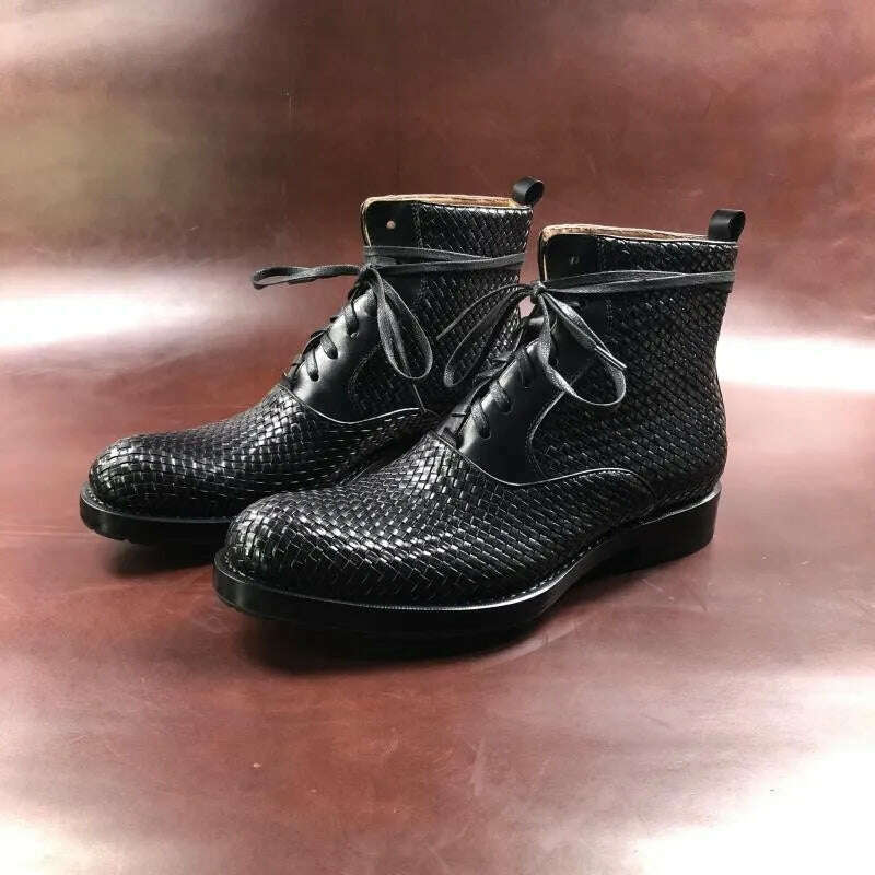 Handmade Weave Cowhide Cowboy Boots Men Vintage Genuine Leather Pointed Toe Motorcycle Bikers Boots Mens Shoes Large Size 37-45 - KIMLUD