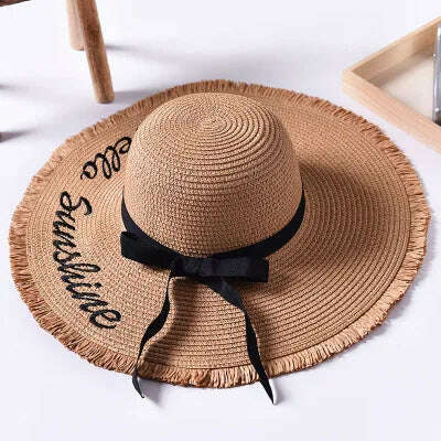 Handmade Weave letter Sun Hats For Women Black Ribbon Lace Up Large Brim Straw Hat Outdoor Beach hat Summer Caps Chapeu Feminino - KIMLUD