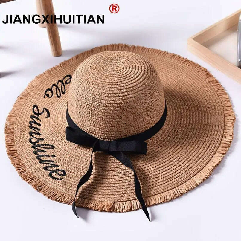 KIMLUD, Handmade Weave letter Sun Hats For Women Black Ribbon Lace Up Large Brim Straw Hat Outdoor Beach hat Summer Caps Chapeu Feminino, KIMLUD Womens Clothes