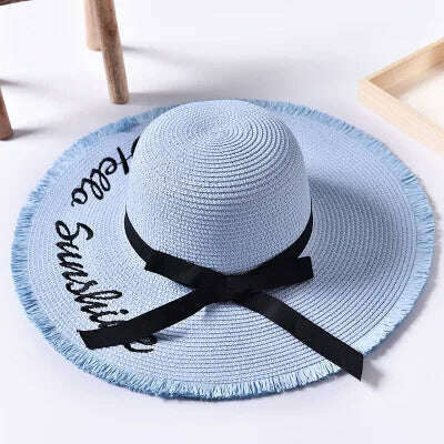 Handmade Weave letter Sun Hats For Women Black Ribbon Lace Up Large Brim Straw Hat Outdoor Beach hat Summer Caps Chapeu Feminino - KIMLUD