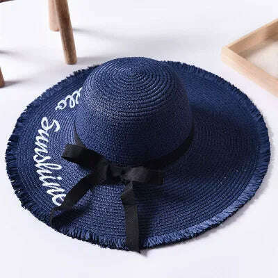 KIMLUD, Handmade Weave letter Sun Hats For Women Black Ribbon Lace Up Large Brim Straw Hat Outdoor Beach hat Summer Caps Chapeu Feminino, 2 / 55-58cm, KIMLUD Womens Clothes