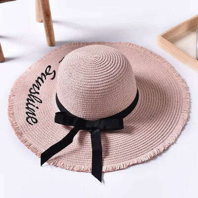 KIMLUD, Handmade Weave letter Sun Hats For Women Black Ribbon Lace Up Large Brim Straw Hat Outdoor Beach hat Summer Caps Chapeu Feminino, 1 / 55-58cm, KIMLUD Womens Clothes