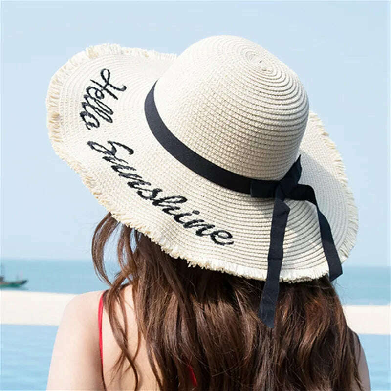 KIMLUD, Handmade Weave letter Sun Hats For Women Black Ribbon Lace Up Large Brim Straw Hat Outdoor Beach hat Summer Caps Chapeu Feminino, KIMLUD Womens Clothes