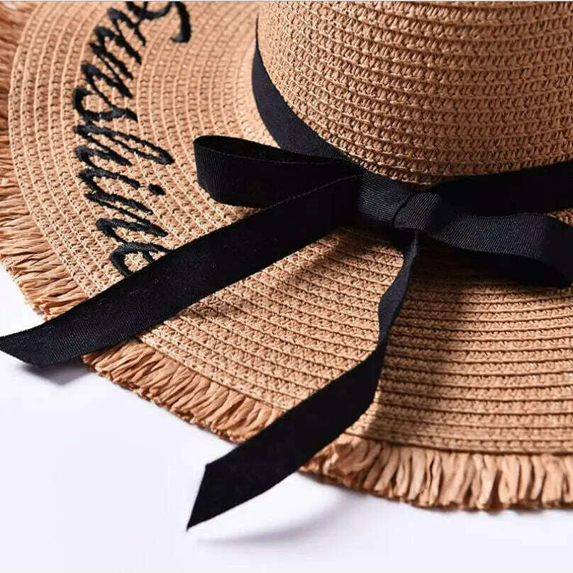 KIMLUD, Handmade Weave letter Sun Hats For Women Black Ribbon Lace Up Large Brim Straw Hat Outdoor Beach hat Summer Caps Chapeu Feminino, KIMLUD Womens Clothes