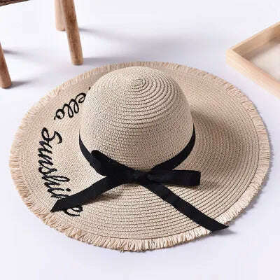 KIMLUD, Handmade Weave letter Sun Hats For Women Black Ribbon Lace Up Large Brim Straw Hat Outdoor Beach hat Summer Caps Chapeu Feminino, 3 / 55-58cm, KIMLUD Womens Clothes
