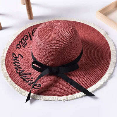 Handmade Weave letter Sun Hats For Women Black Ribbon Lace Up Large Brim Straw Hat Outdoor Beach hat Summer Caps Chapeu Feminino - KIMLUD