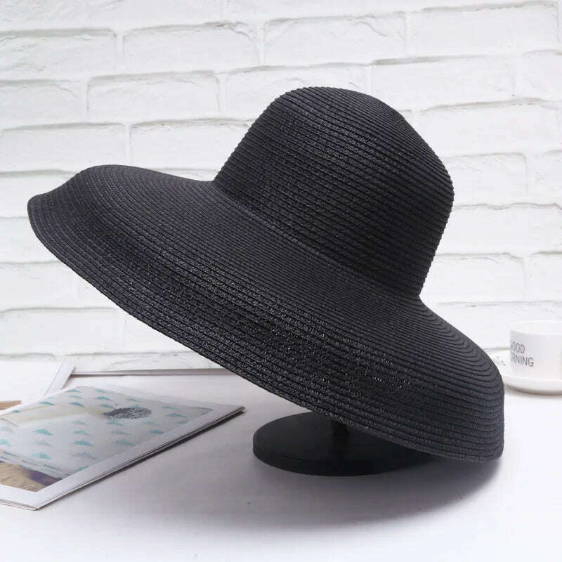 KIMLUD, Handmade Women Summer Sun Hat Japanese Hepburn Style Big Eaves Beach Sun Hat Holiday Fold Fisherman Cap Temperament Flat Hat, black big brim / Adlut size(56-58cm), KIMLUD Womens Clothes