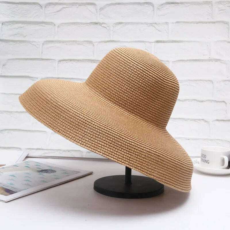 KIMLUD, Handmade Women Summer Sun Hat Japanese Hepburn Style Big Eaves Beach Sun Hat Holiday Fold Fisherman Cap Temperament Flat Hat, khaki big brim / Adlut size(56-58cm), KIMLUD Womens Clothes