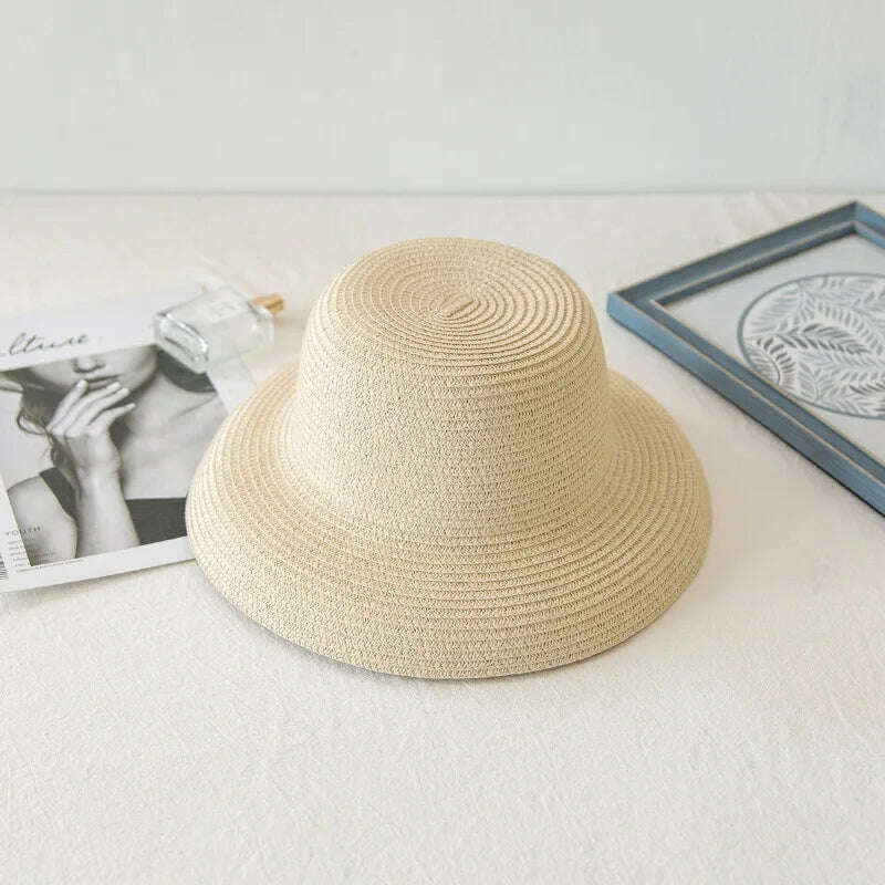 KIMLUD, Handmade Women Summer Sun Hat Japanese Hepburn Style Big Eaves Beach Sun Hat Holiday Fold Fisherman Cap Temperament Flat Hat, beige small brim / Adlut size(56-58cm), KIMLUD Womens Clothes