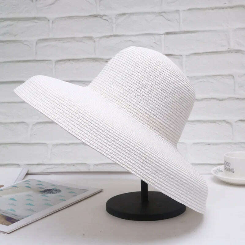 KIMLUD, Handmade Women Summer Sun Hat Japanese Hepburn Style Big Eaves Beach Sun Hat Holiday Fold Fisherman Cap Temperament Flat Hat, white big brim / Adlut size(56-58cm), KIMLUD Womens Clothes