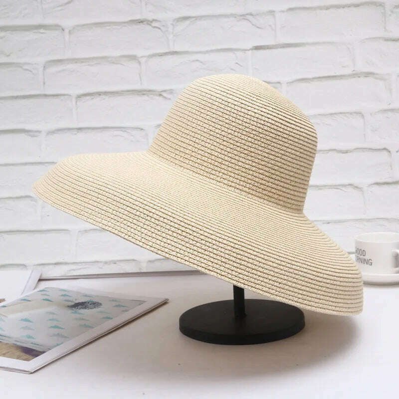 KIMLUD, Handmade Women Summer Sun Hat Japanese Hepburn Style Big Eaves Beach Sun Hat Holiday Fold Fisherman Cap Temperament Flat Hat, beige big brim / Adlut size(56-58cm), KIMLUD Womens Clothes