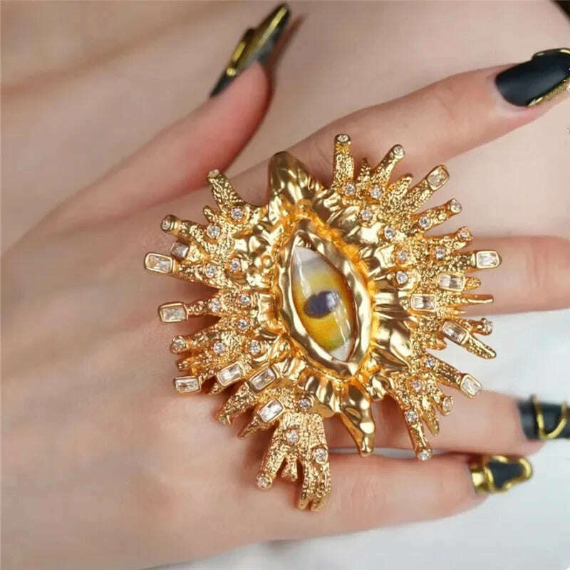 KIMLUD, HangZhi Rhinestone Gold Color Eye Big Ring for Women Men Exaggerated Personality Vintage Chunky Y2K Large Jewelry Gifts New In, KIMLUD Womens Clothes