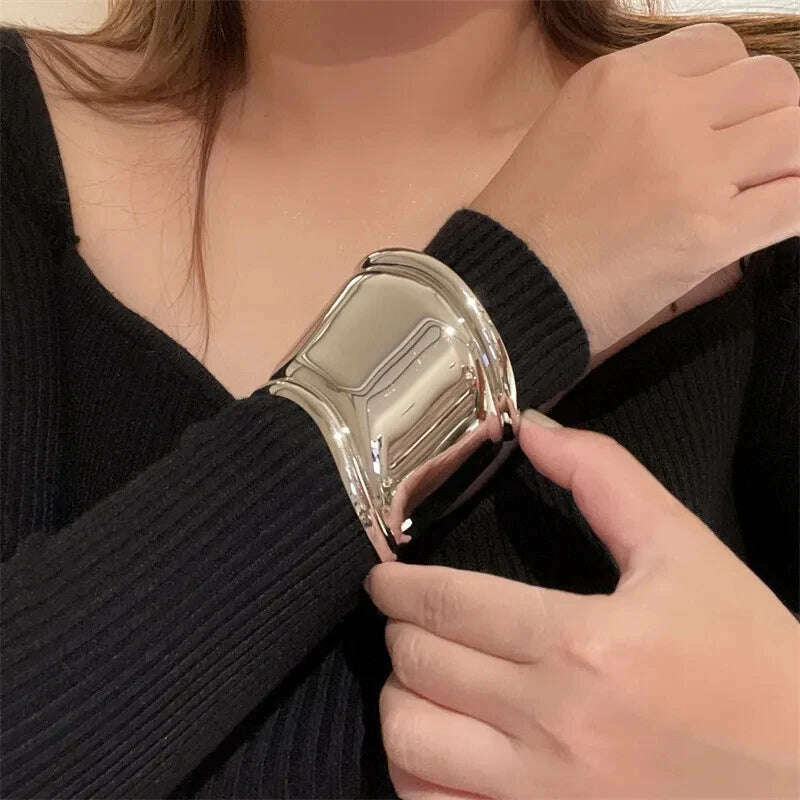 KIMLUD, HangZhi Vintage Exaggerated Wide Irregular Smooth Metal Cuff Bracelet For Women Personality Bangle Jewelry Accessories, KIMLUD Womens Clothes