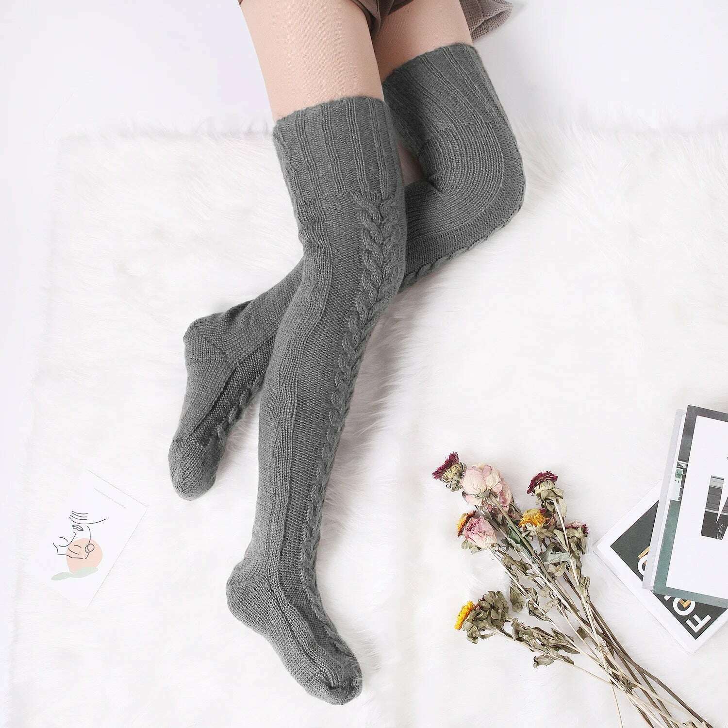 KIMLUD, Harajuku Women Girls Wool Stockings Winter Warm Knitted Over Knee Socks Leg Warmer Female Thigh Sexy Long Stockings Leg Warmers, Dark grey / Free size, KIMLUD Womens Clothes