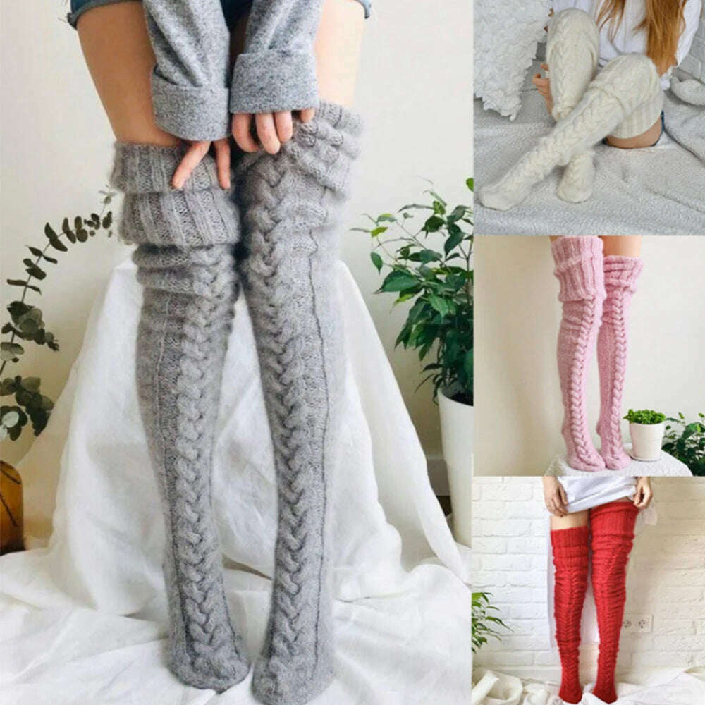 KIMLUD, Harajuku Women Girls Wool Stockings Winter Warm Knitted Over Knee Socks Leg Warmer Female Thigh Sexy Long Stockings Leg Warmers, KIMLUD Women's Clothes