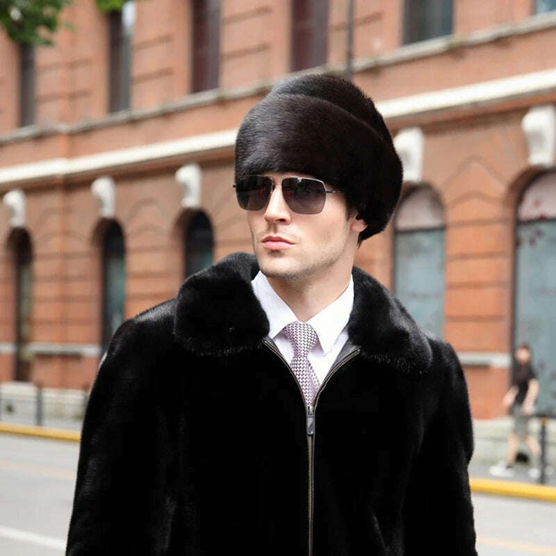 Hat Winter Men Real Mink Fur Cap Mens Winter Caps Mens Beanie Black Brown Russian Men Warm Knitted Hats Oversized - KIMLUD