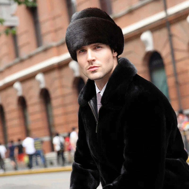 Hat Winter Men Real Mink Fur Cap Mens Winter Caps Mens Beanie Black Brown Russian Men Warm Knitted Hats Oversized, brown 1 / 55-57cm, KIMLUD Women's Clothes