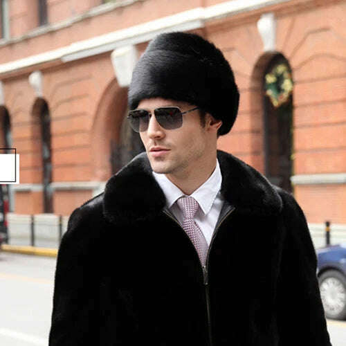 Hat Winter Men Real Mink Fur Cap Mens Winter Caps Mens Beanie Black Brown Russian Men Warm Knitted Hats Oversized - KIMLUD