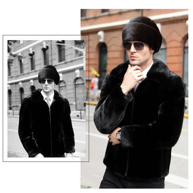 Hat Winter Men Real Mink Fur Cap Mens Winter Caps Mens Beanie Black Brown Russian Men Warm Knitted Hats Oversized - KIMLUD