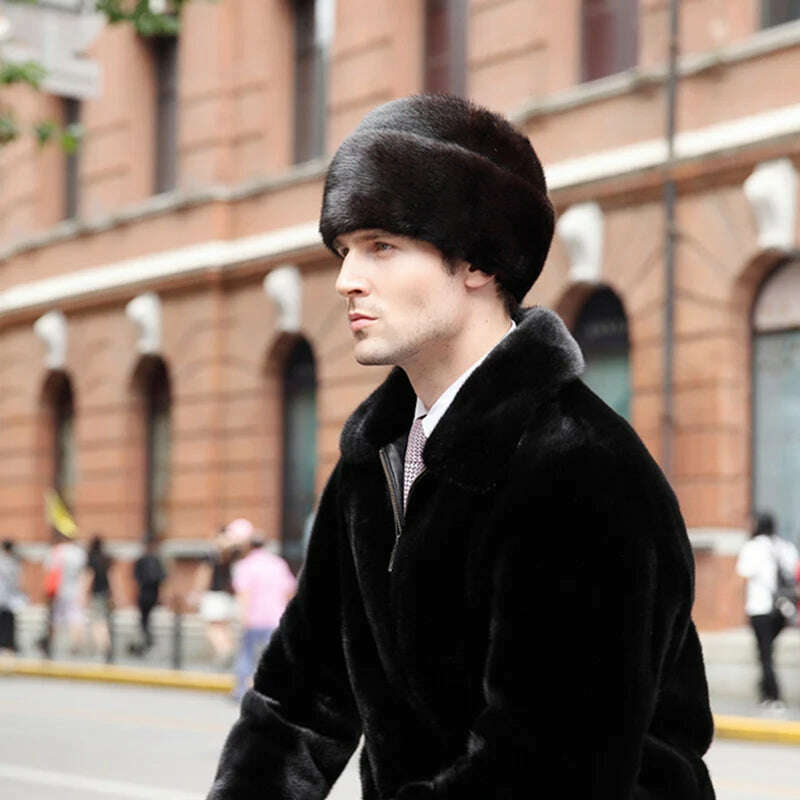 KIMLUD, Hat Winter Men Real Mink Fur Cap Mens Winter Caps Mens Beanie Black Brown Russian Men Warm Knitted Hats Oversized, KIMLUD Womens Clothes