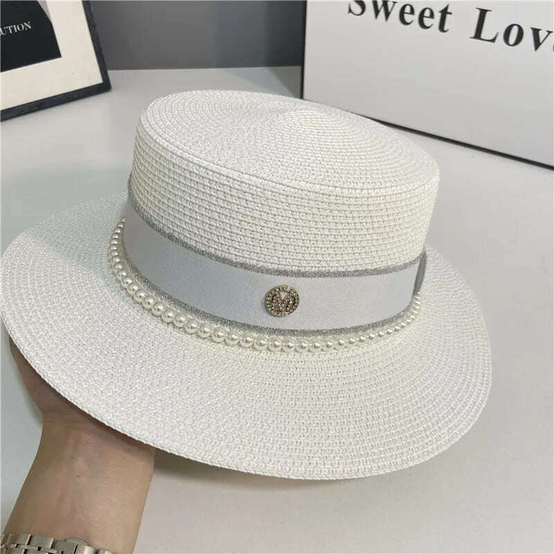 KIMLUD, hats for women pearl top hat french summer sun protection wedding wide brim straw hat women floppy beach hat chapeu feminino, White / M(56-58cm), KIMLUD Womens Clothes