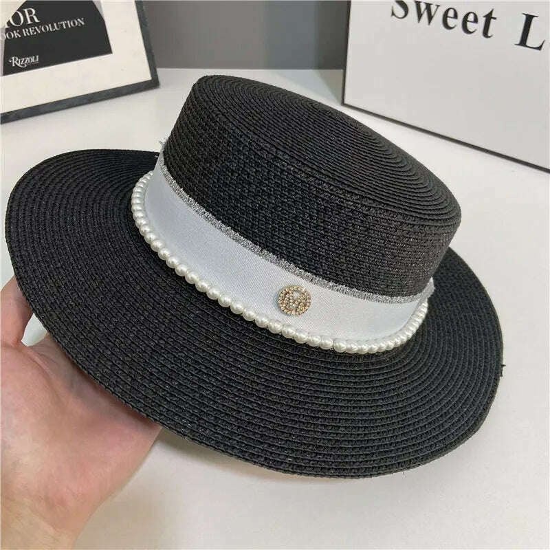 KIMLUD, hats for women pearl top hat french summer sun protection wedding wide brim straw hat women floppy beach hat chapeu feminino, black / M(56-58cm), KIMLUD Womens Clothes